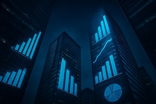 Futuristic Cityscape with Glowing Financial Data Visualizations skyscraper building