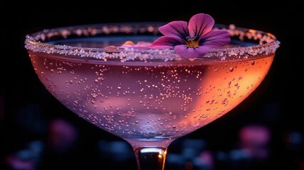 Sparkling cocktail glass with sugar rim and purple flower garnish glowing with warm light and bubbles creating festive elegant beverage perfect for celebration and festive drink moments - Powered by Adobe