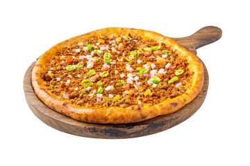 Mutton Keema Pizza on a Pizza Board on a Transparent PNG Background