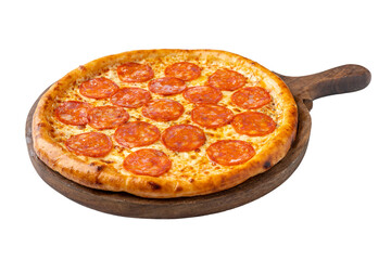 Authentic Pepperoni Pizza on a Pizza Board on a Transparent PNG Background
