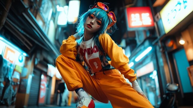 Fashionable street dance performance by a young model in neon-lit urban setting captured in vibrant colors and dynamic poses for creative inspiration