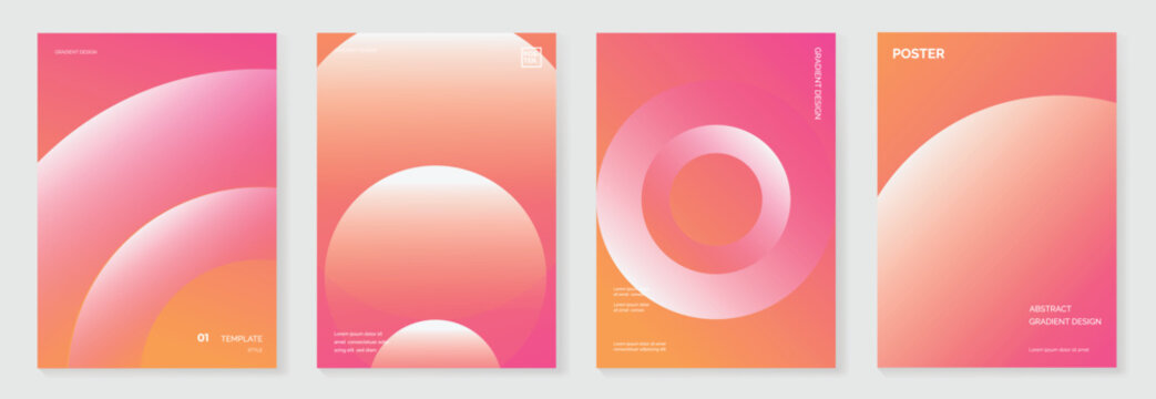 Modern gradient poster on pink orange background vector set. Cover template with white pink gradient geometric shape. Modern Design for wall art, flyer, brochure, cover and web banner.