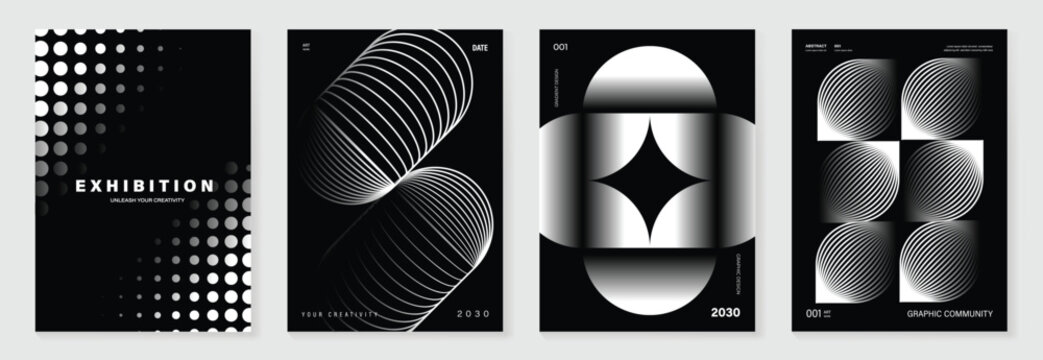Abstract monochrome poster background vector set. Modern cover template with black and white perspective geometric prism shape, line, dot halftone. Ideal design for social media, banner, ads. - Powered by Adobe