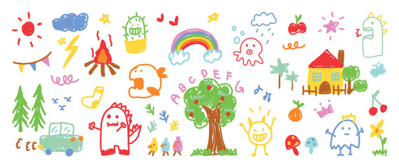kids hand drawn doodle vector. Cute flower, cloud, sun, dino, squid, tree, house, car, monster, mushroom, rainbow in colorful. Design for fabric, sticker, icon, kids.