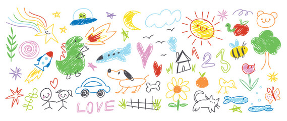kids hand drawn doodle vector. Cute flower, cloud, sun, dino, airplane, dog, cat, car, ufo, house, rocket, tree, apple, fish in colorful. Design for fabric, sticker, icon, kids. © TWINS DESIGN STUDIO