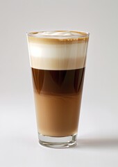 Tall glass of layered coffee drink, with light cream on top, coffee in the middle, and a light brown layer below