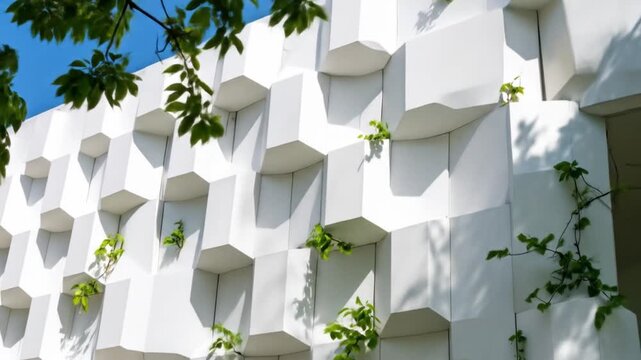 White, honeycomb-like facade with greenery