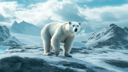 Polar bear on icy rocky terrain with snow covered mountains and cloudy sky, showcasing arctic wildlife, cold nature, frozen landscape, animal predator in wild mountain tundra environment - Powered by Adobe