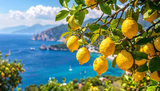 Ripe lemons hanging from a lemon tree overlooking the Mediterranean Sea in Italy - Powered by Adobe