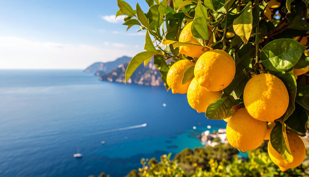 Branch of fresh ripe lemons growing near Capri Island, Italy