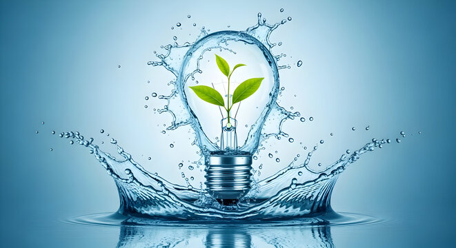 Sparkling water splash surrounds vibrant green plant growing inside a clear light bulb - Powered by Adobe
