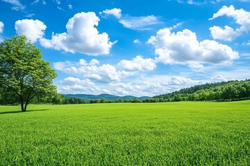 Obraz premium Wide shot of a vibrant green field under a clear blue sky with fluffy white clouds. A lone tree stands in the foreground