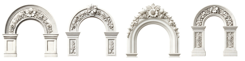 Fototapeta premium Collection of Ornamental Arches in White Plaster with Floral Decoration