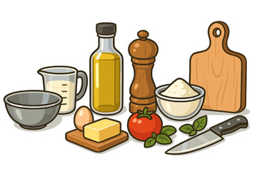 Fresh cooking ingredients for Italian recipe. Vector cartoon set with olive oil, tomato, basil, egg, flour, butter. Culinary food preparation concept for cooking at home.