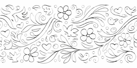 Monochrome floral border with hearts birds leaves and flowers in grunge style