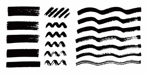 Collection of black ink grunge brush strokes and lines on white background