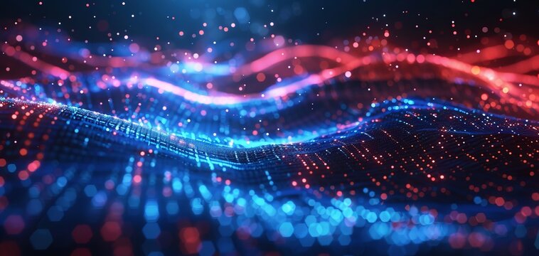 Abstract digital wave patterns with vibrant blue and red particles