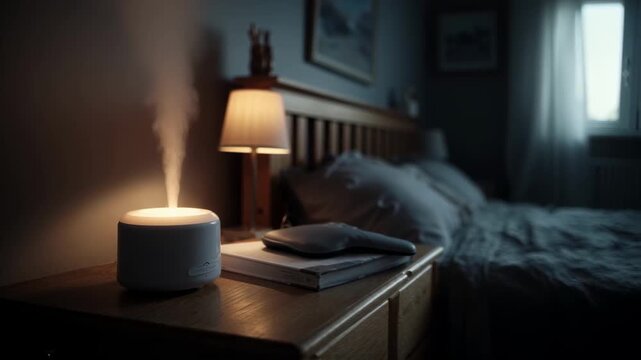 An aroma diffuser emits steam on a bedside table in a cozy bedroom at night, creating a relaxing atmosphere for better sleep, a concept for self-care and therapeutic laziness