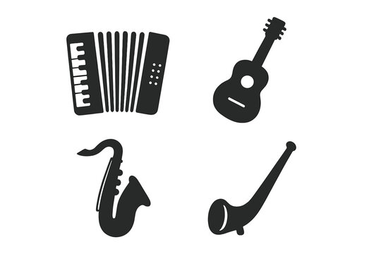 Musical instrument solid glyph icon set. Vector collection of accordion, acoustic guitar, saxophone, alphorn silhouettes. Music, sound, and melody symbols for web and print.