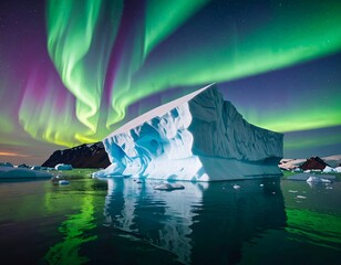 Majestic icebergs bathed in aurora borealis