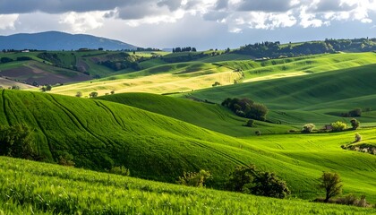 Countryside rolling hills with green fields under cloudy sky