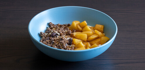 cozy autumn breakfast bowl greek yogurt granola caramelized apples close up