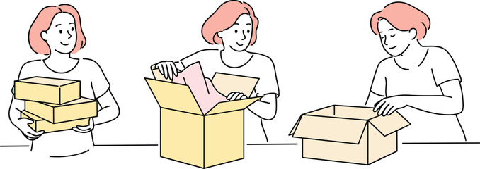 Cartoon character performing box handling tasks, three-panel workflow of lifting, packing, and opening, moving or shipping concept illustration