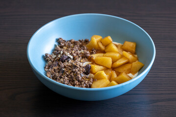 cozy autumn breakfast bowl greek yogurt granola caramelized apples close up