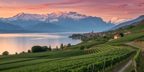 Naklejka premium Scenic Vineyard Landscape with Lake Mountains and Sunset Sky.
