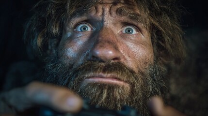 Close-up of a confused Caucasian man with a wild beard, intensely focused on a video game controller, highlighting a humorous expression.