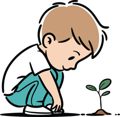 Cartoon child observing plant sprout while crouching, symbolizing nature connection, environmental care, and early curiosity in green growth
