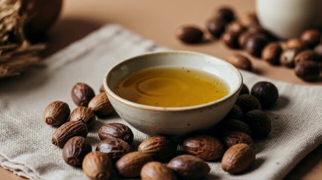 A bowl of golden batana oil surrounded by natural nuts, a key ingredient for hair hydration and skin moisturizing, representing the trend of sustainable and natural beauty care