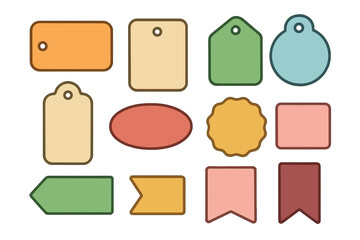 Set of blank retro tags and labels. Collection of colorful gift tags, price labels, and sale stickers in various shapes. Empty badge and banner templates for design. Vector.