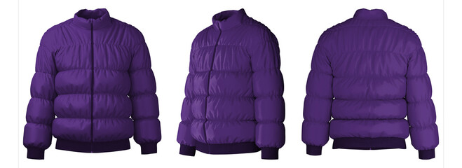 Display of a purple puffer jacket rendered in 3D design © puruan
