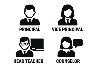 School leadership icon set with principal, vice principal, head teacher, counselor roles. Solid glyph pictograms of education staff. School administration and management symbols.