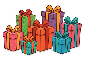 Vector cartoon illustration of colorful gift boxes. Present set for birthday, Christmas, holiday celebration. Festive surprise package concept for party, sale, or anniversary.