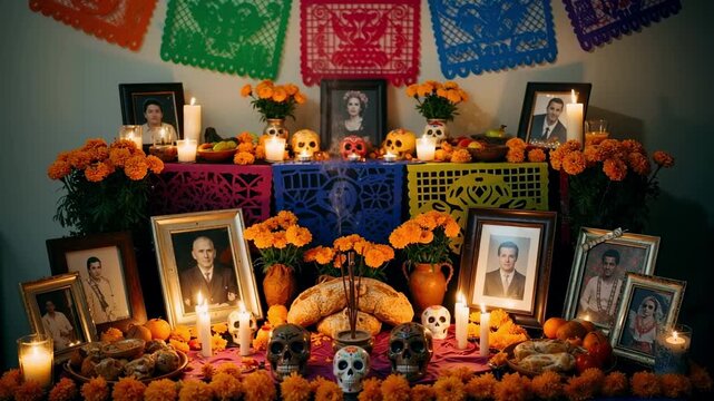 A traditional Dia de los Muertos ofrenda altar decorated with photos, sugar skulls, marigolds, and candles to honor ancestors, celebrating Mexican heritage and family remembrance