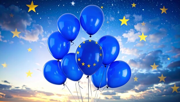 Eight blue balloons with European Union flag design—circle of twelve yellow stars—floating in bright sky with sun and clouds, symbolizing unity and celebration. - Powered by Adobe