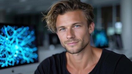 A man with wavy hair is smiling while sitting in front of computers displaying blue digital graphics. - Powered by Adobe