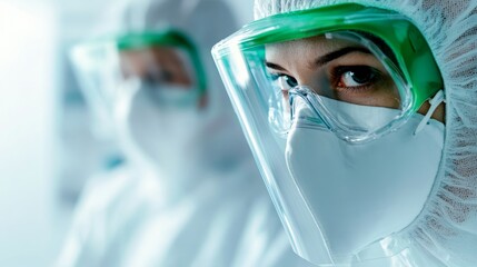 Healthcare workers in protective gear hospital setting medical photography focused environment close-up view covid-19 response