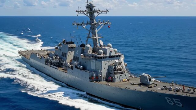 Aerial view of a modern naval destroyer warship sailing at speed across the open blue ocean, a powerful image representing military force, maritime security, and global defense technology
