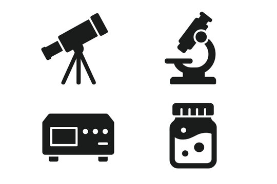 Science and research icon set. Solid glyph icons of lab equipment: telescope for astronomy, microscope for biology, spectrometer for analysis, and a sample specimen jar.
