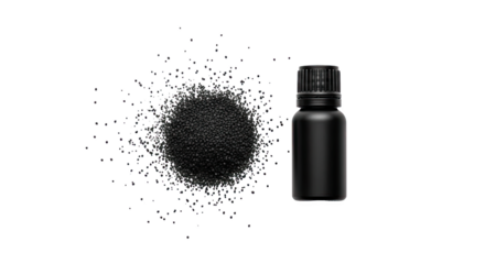Black seed oil bottle with scattered black seeds minimalist style