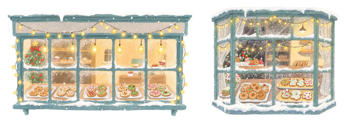 a collection of festive watercolor bakery storefronts with sweets and lights.