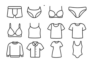 Clothing outline icon set. Underwear, lingerie, apparel line icons collection. Vector fashion garment symbols like t-shirt, bra, panties, shirt. Editable stroke pictogram.