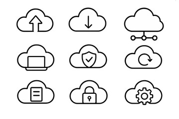 Cloud computing outline icon set. Virtual network tech symbols. Vector data storage graphic. Upload, download, security, sync, settings, lock, server and hosting icons.