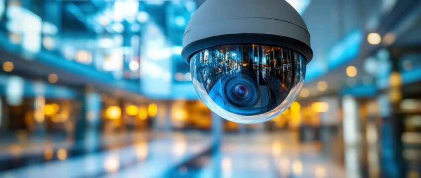 Surveillance security camera with reflective dome lens monitoring modern indoor space bright lights blurred background capturing advanced technology footage ensuring safety public area