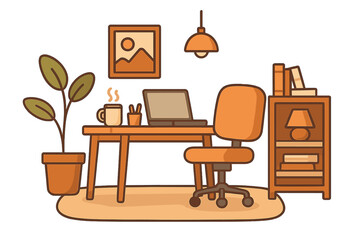 Cozy home office interior for productive remote work. Modern workspace with desk, laptop and chair. Freelancer workplace vector cartoon illustration. Work from home concept.