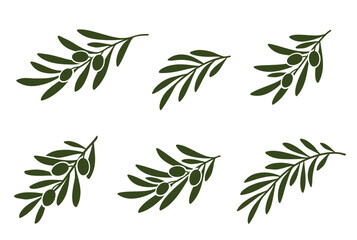 Olive hand drawn branches with leaves set silhouettes