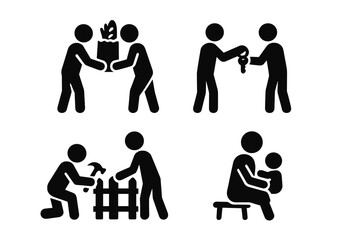 Neighborly help icon set. Community support, kindness, good neighbor relationship. People helping each other. Giving food, lending keys, fixing fence, babysitting pictograms.